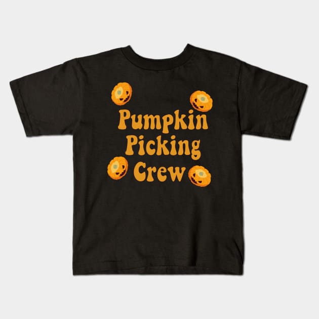 pumpkin picking crew on orange Kids T-Shirt by rsclvisual